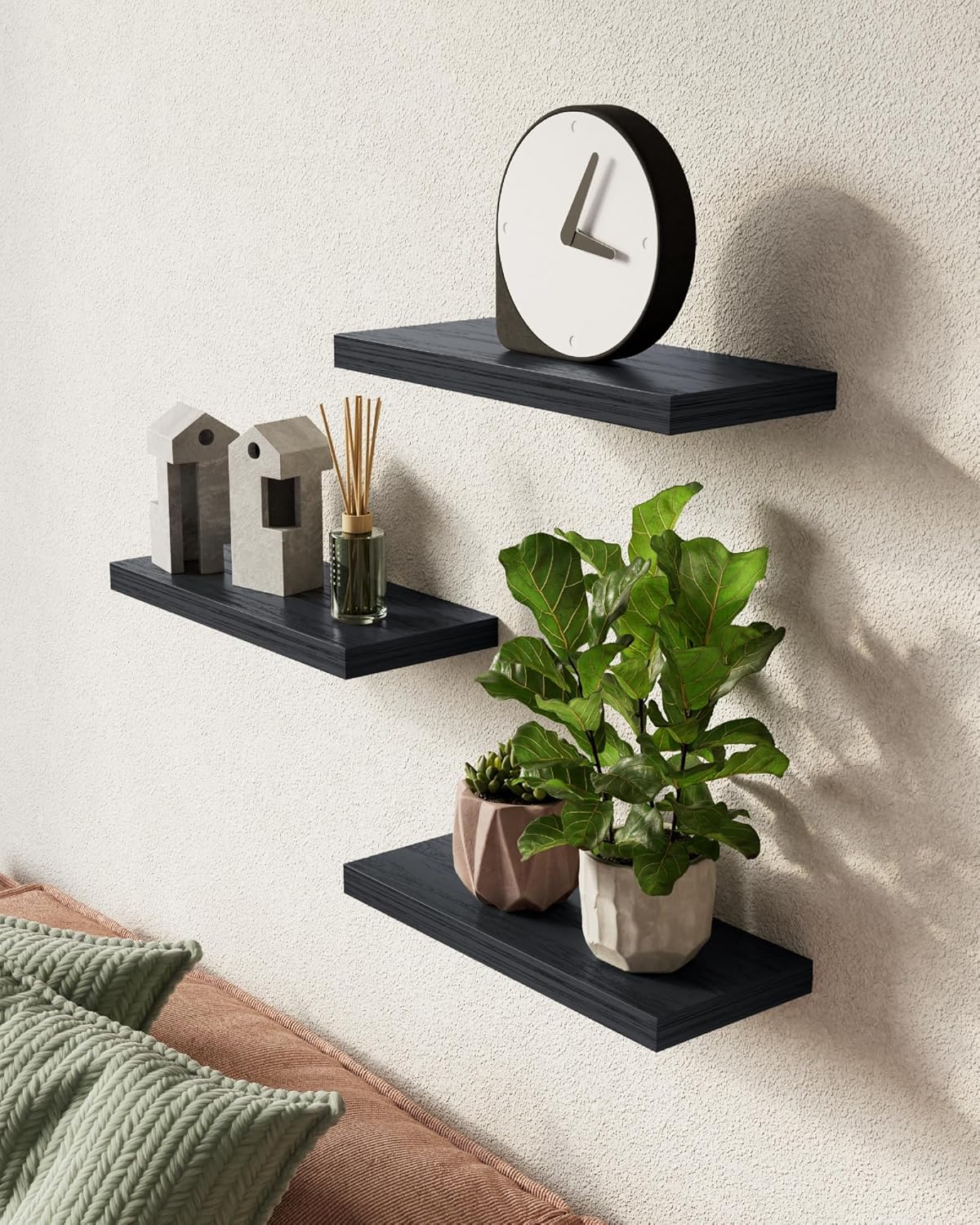 BAYKA rustic brown floating shelves mounted on wall displaying plants and decor
